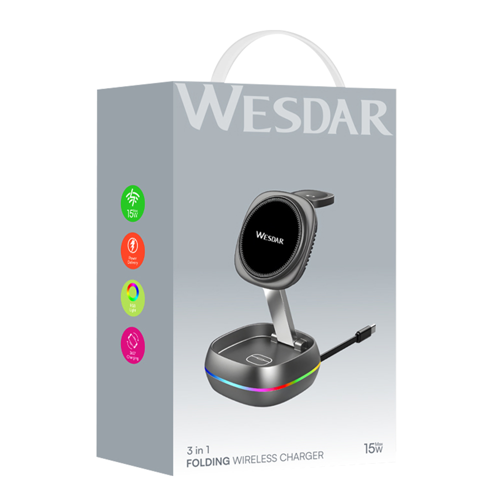 Wesdar Foldable 15w Wireless Charger Stand With Retractable Cable