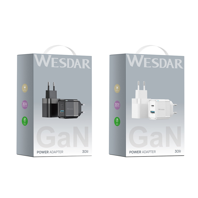 WESDAR 30W GaN Dual Port Wall Charger - PD3.0 & QC3.0 Fast Charging, Compact EU Plug,