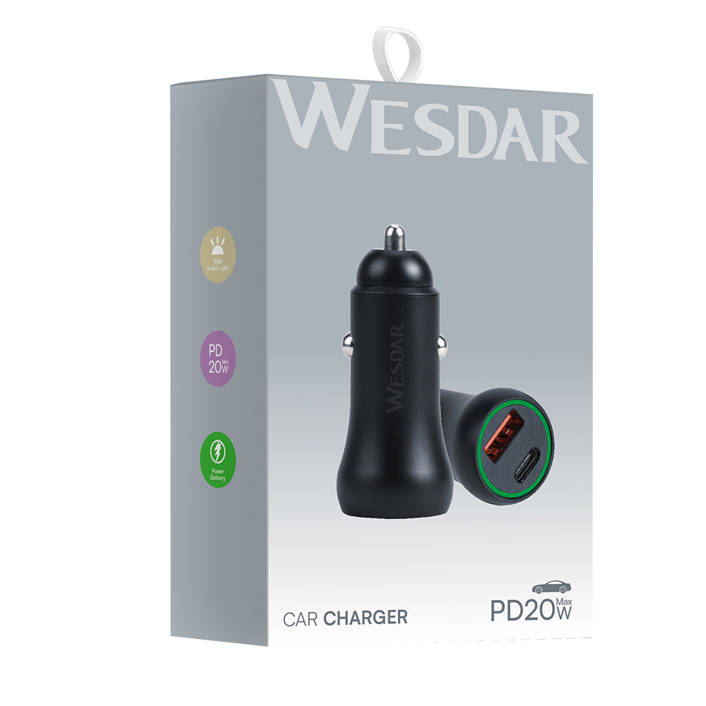 WESDAR 20W Fast Car Charger Adapter - Aluminum Alloy Dual Port (USB-A & Type-C)