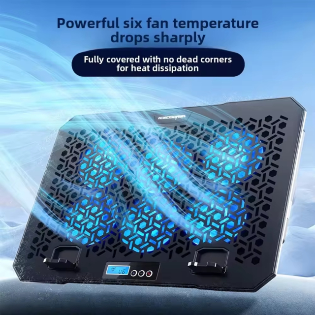 Black Adjustable Laptop Cooling Pad with LCD Display, 6 Fans