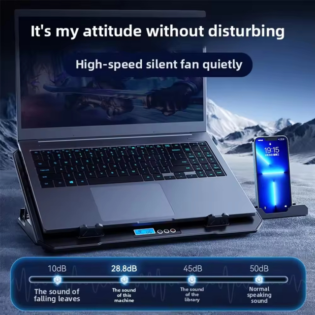 Black Adjustable Laptop Cooling Pad with LCD Display, 6 Fans