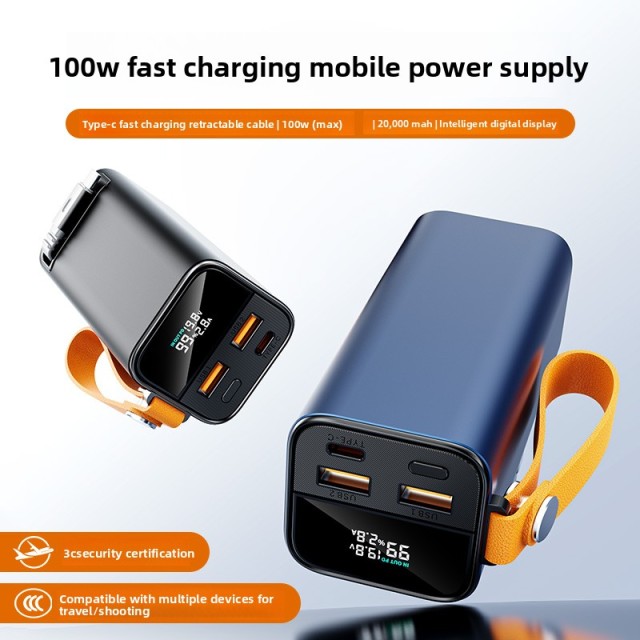 100W Portable Power Bank 20000mAh with Retractable Cable & Display
