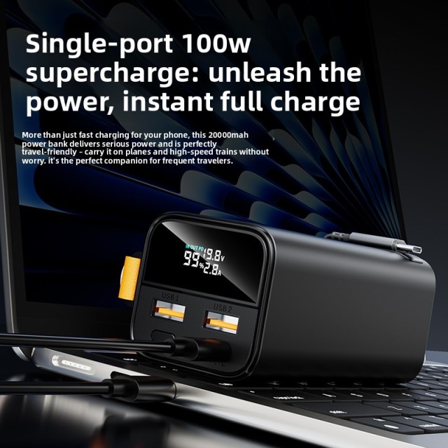 100W Portable Power Bank 20000mAh with Retractable Cable & Display