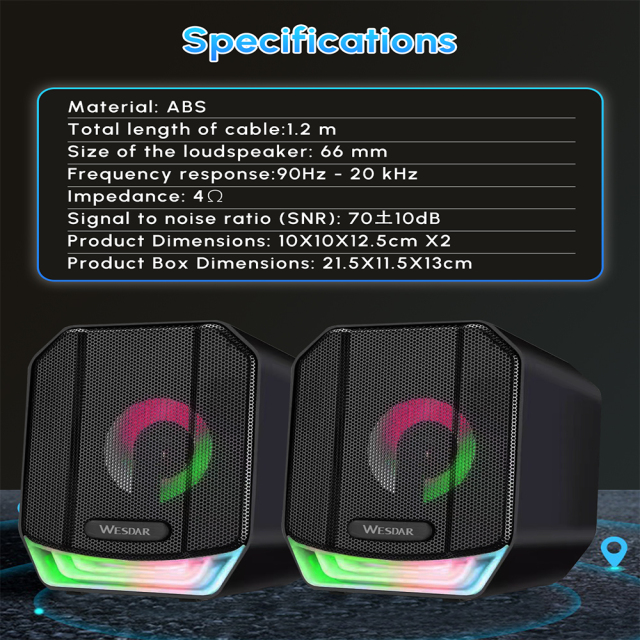 WESDAR 5W USB-Powered Desktop Computer Speakers with RGB Lights