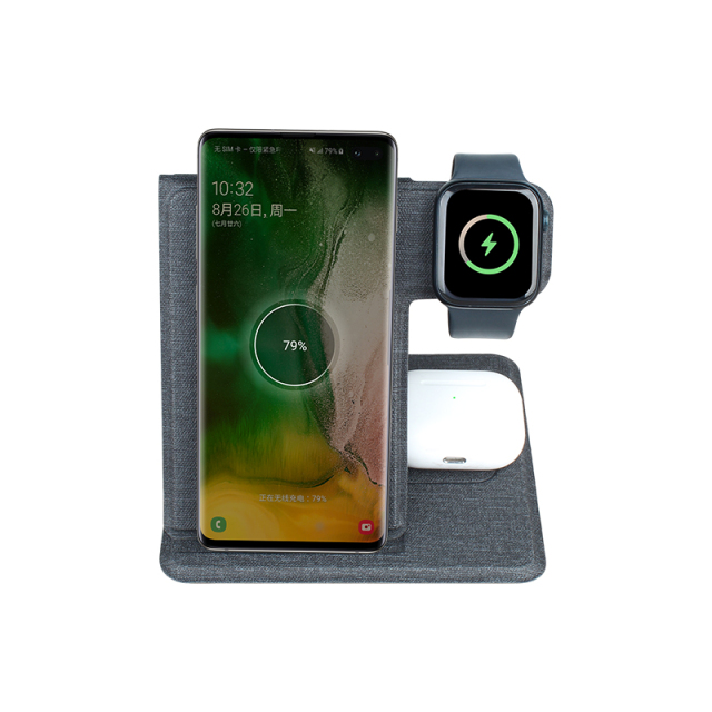 PU Leather 3-in-1 Wireless Charger Stand, 15W Qi Fast Charging Station