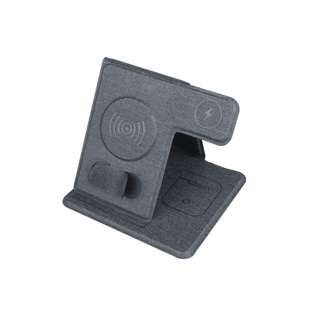 PU Leather 3-in-1 Wireless Charger Stand, 15W Qi Fast Charging Station