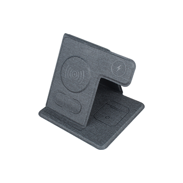 PU Leather 3-in-1 Wireless Charger Stand, 15W Qi Fast Charging Station