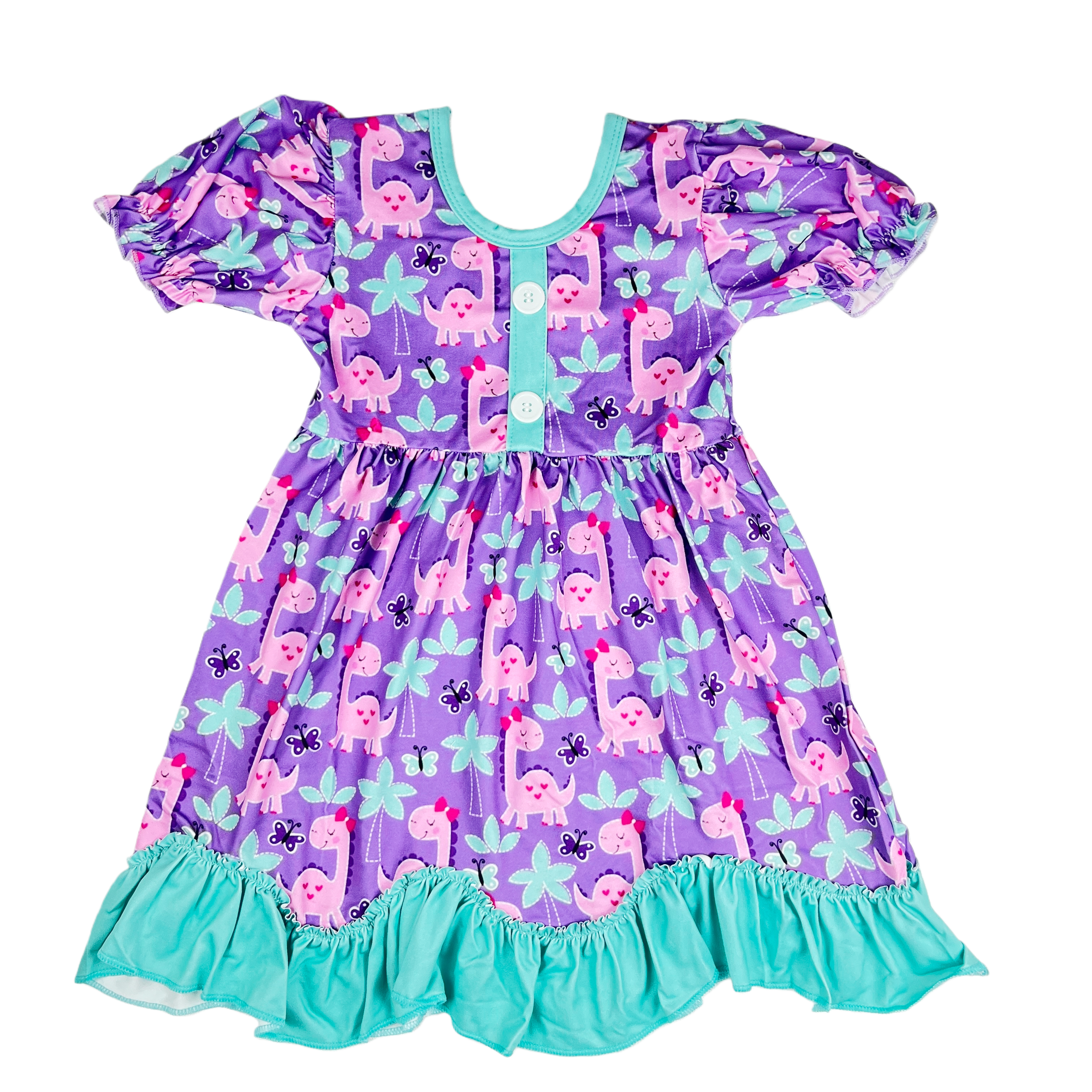 U-neck Long Sleeve Ruffle Dinosaur  Pattern dress