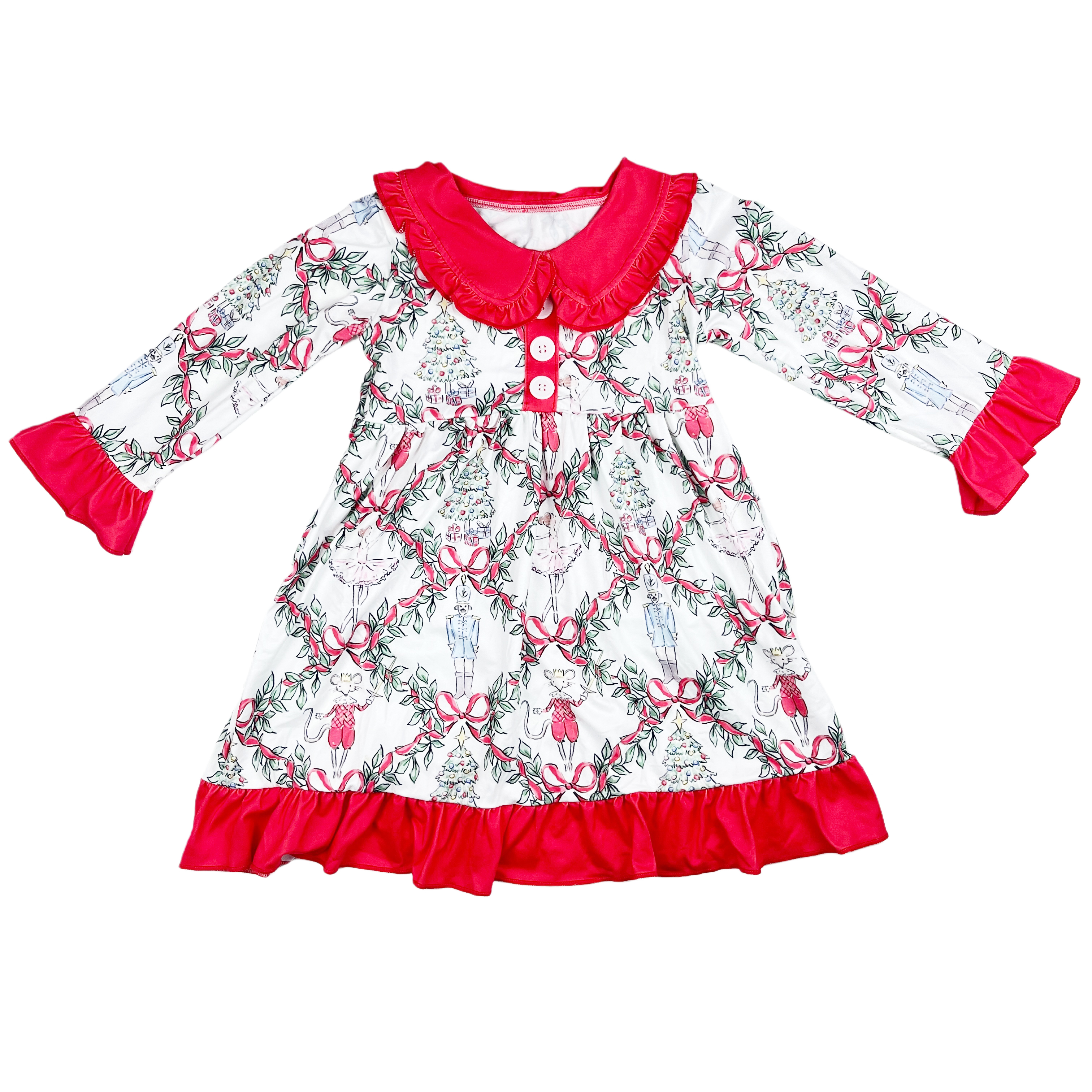 Red Bow Christmas fabric Long Sleeve Dress