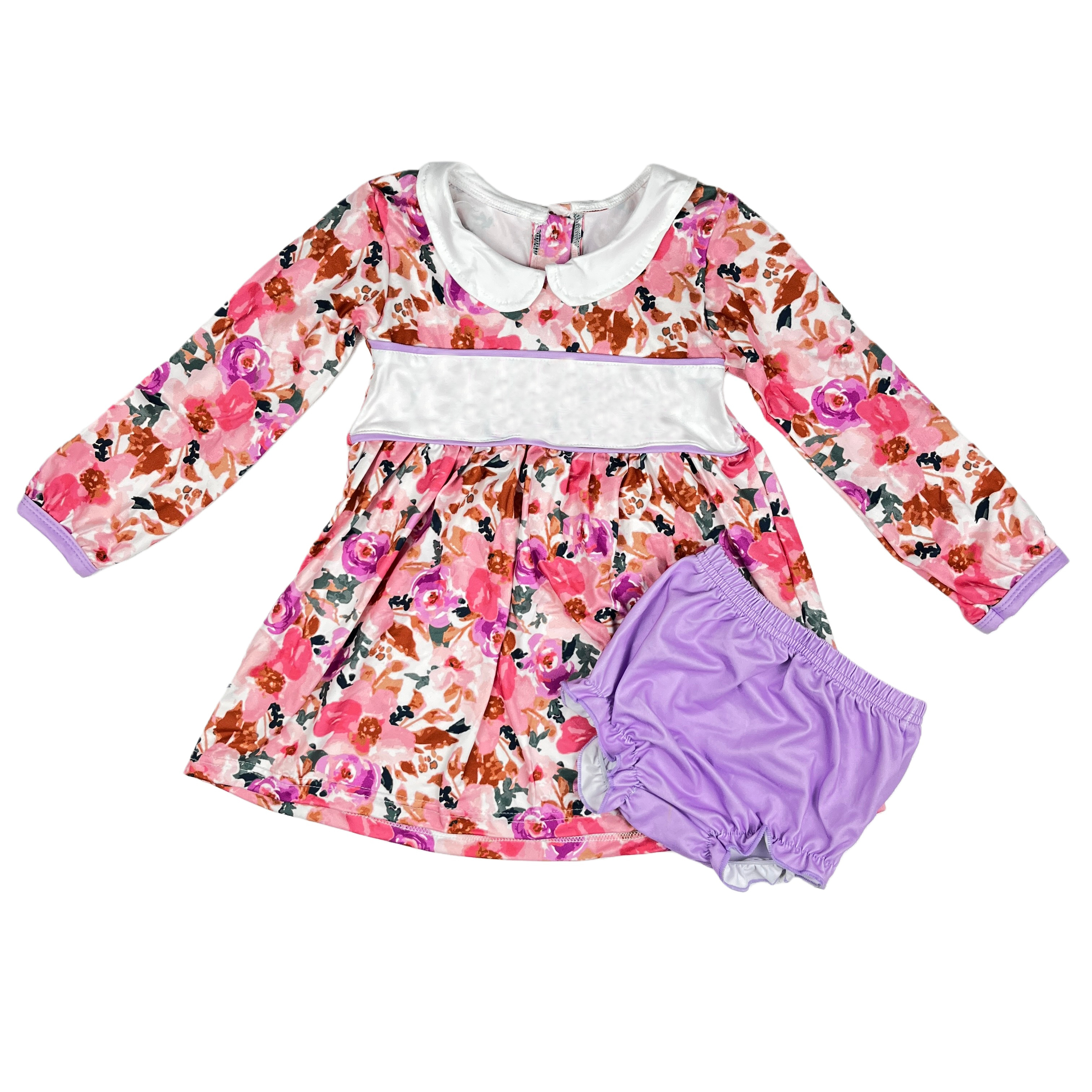 Peter Pan Milk Silk Floral Printed Long Sleeve Dress