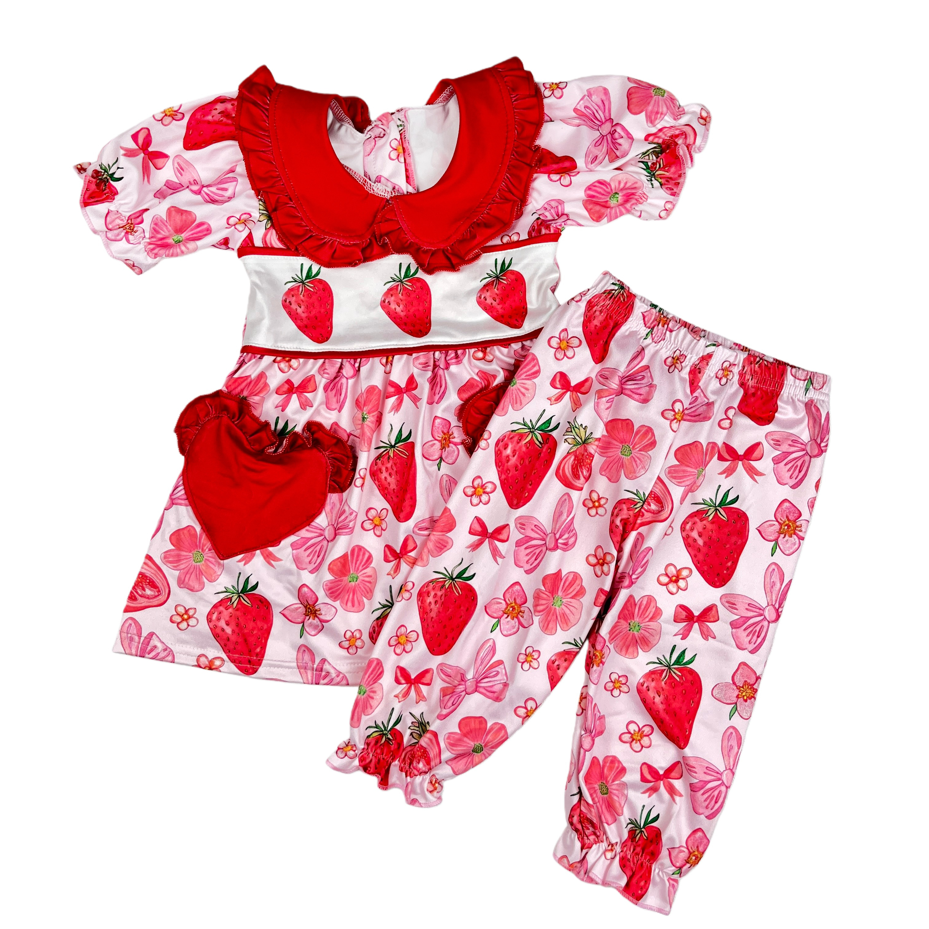Custom Designs Strawberry Print Short Sleeve  ruffle child's Dress