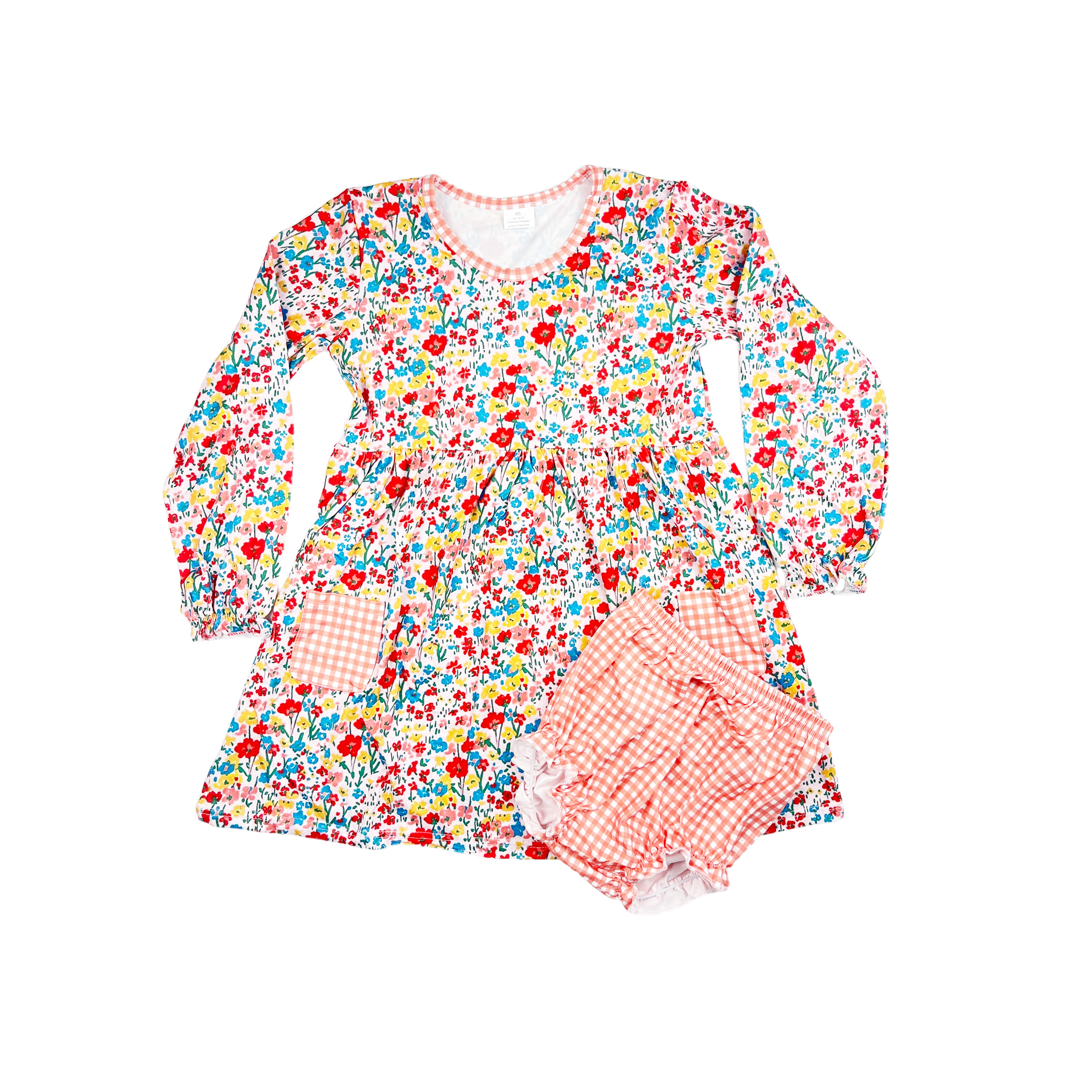 Long Sleeve Red yellow Floral Dress with shorts girls outfits