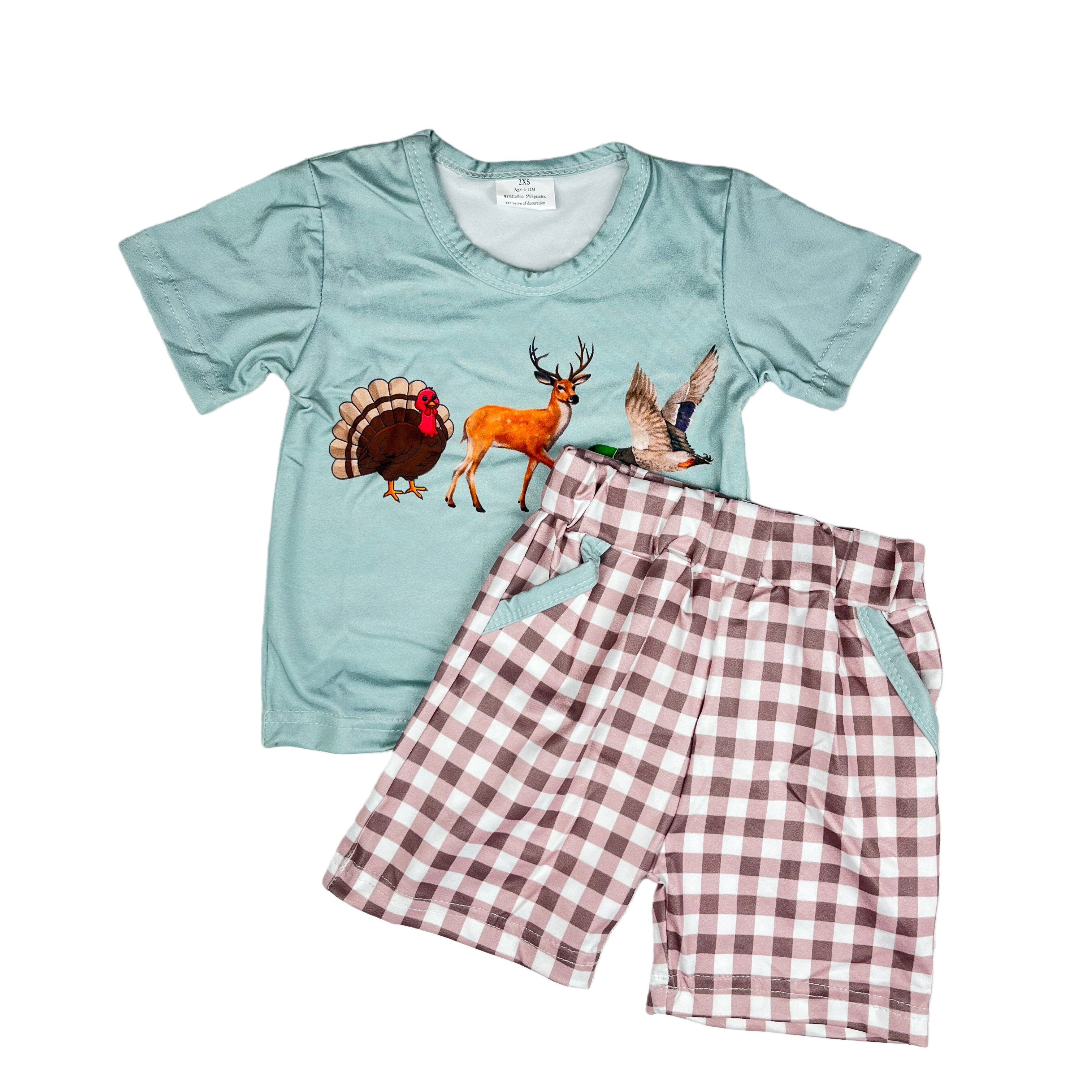 Trending Offset Print Short Sleeve Top Plaid Pants Set Western Boutique Baby Boy Clothes