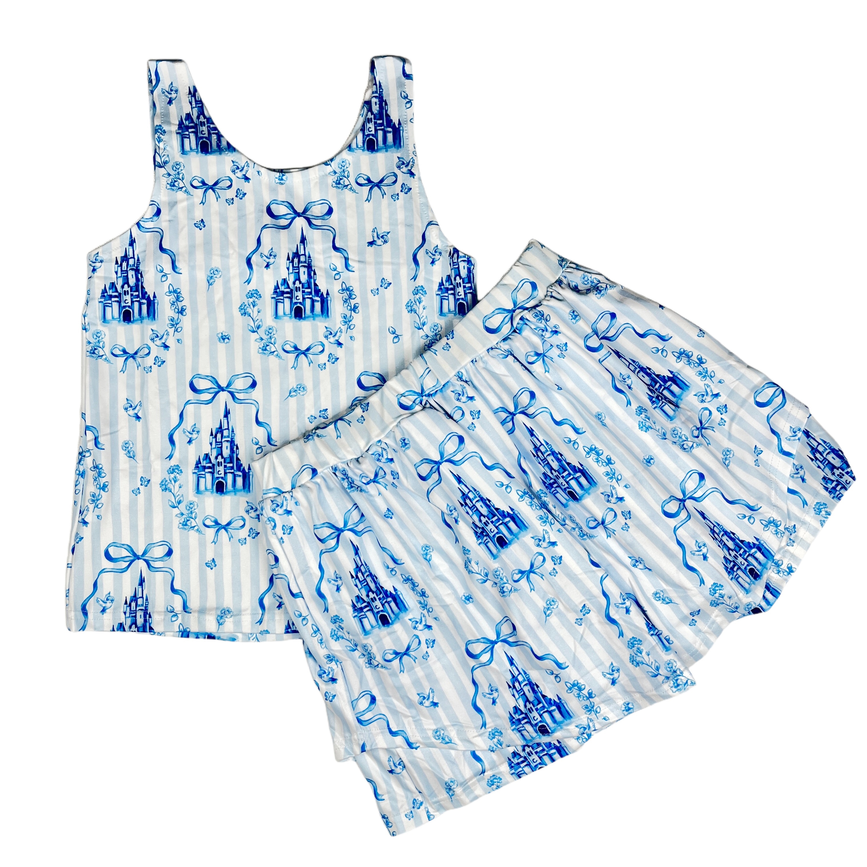 Sleeveless Stripe Bows Castle Short Wholesale Girls Yoga Activity Wear Knee Length Dress set