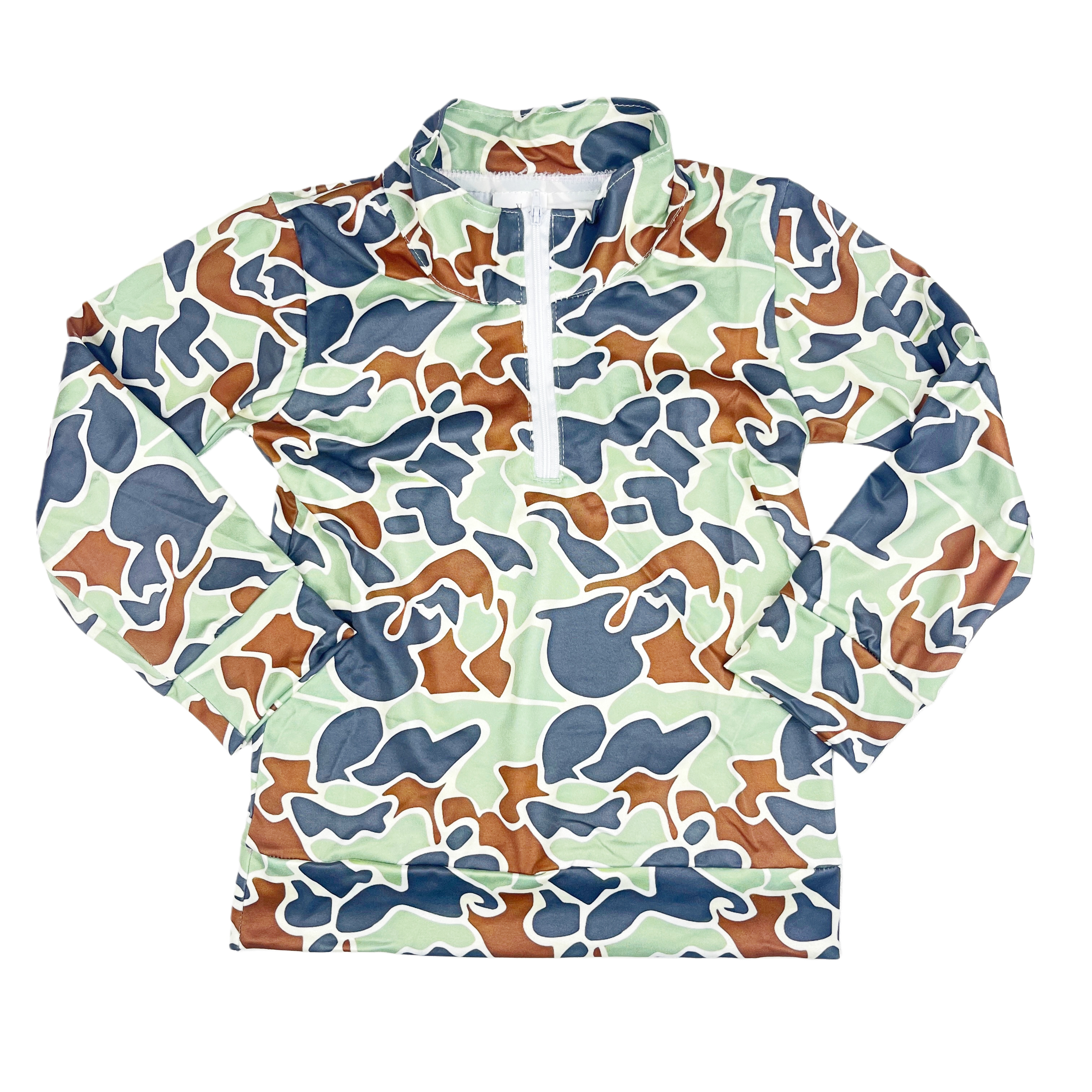 Autumn Children Clothing Western Boutique Baby Boys Green Camo Zip Pocket Pullovers Tops