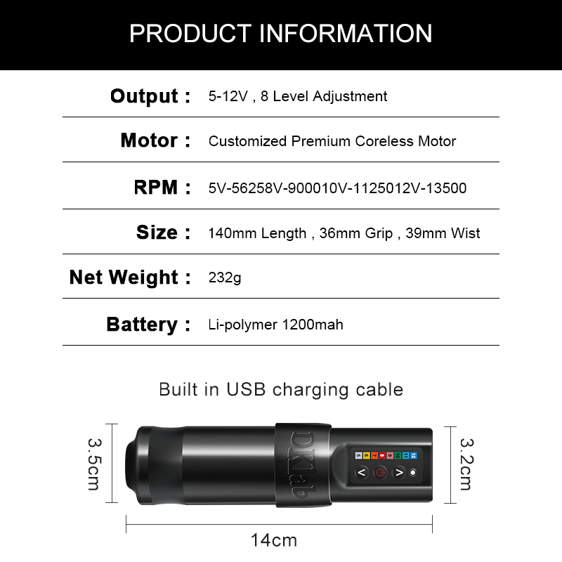 DKLAB Wireless Tattoo Pen Premium Coreless Motor tattoo machine for Body Art