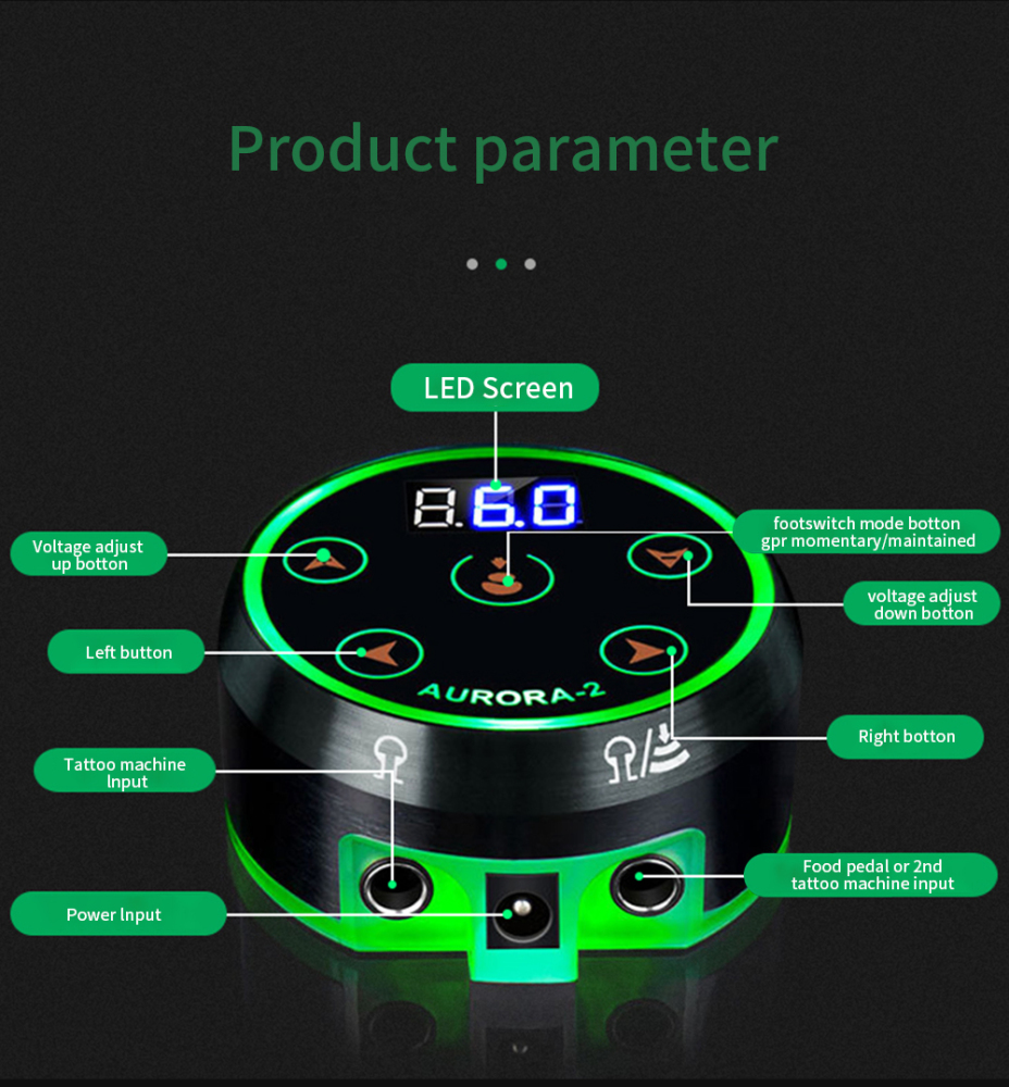 AURORA-2 Tattoo Power Supply with LED Display Touch Control for Tattoo Rotary Machines Gun