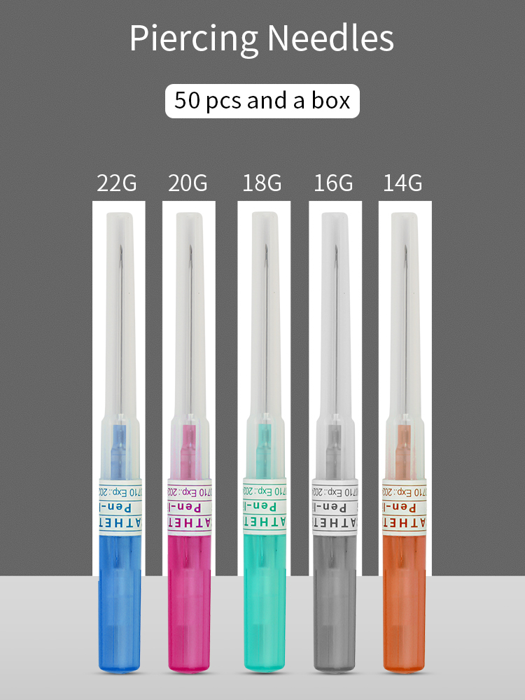 50PCS  tattoo Body piercing needles 14G 16G 18G 20G 22G Stainless Steel Catheter Piercing Needle