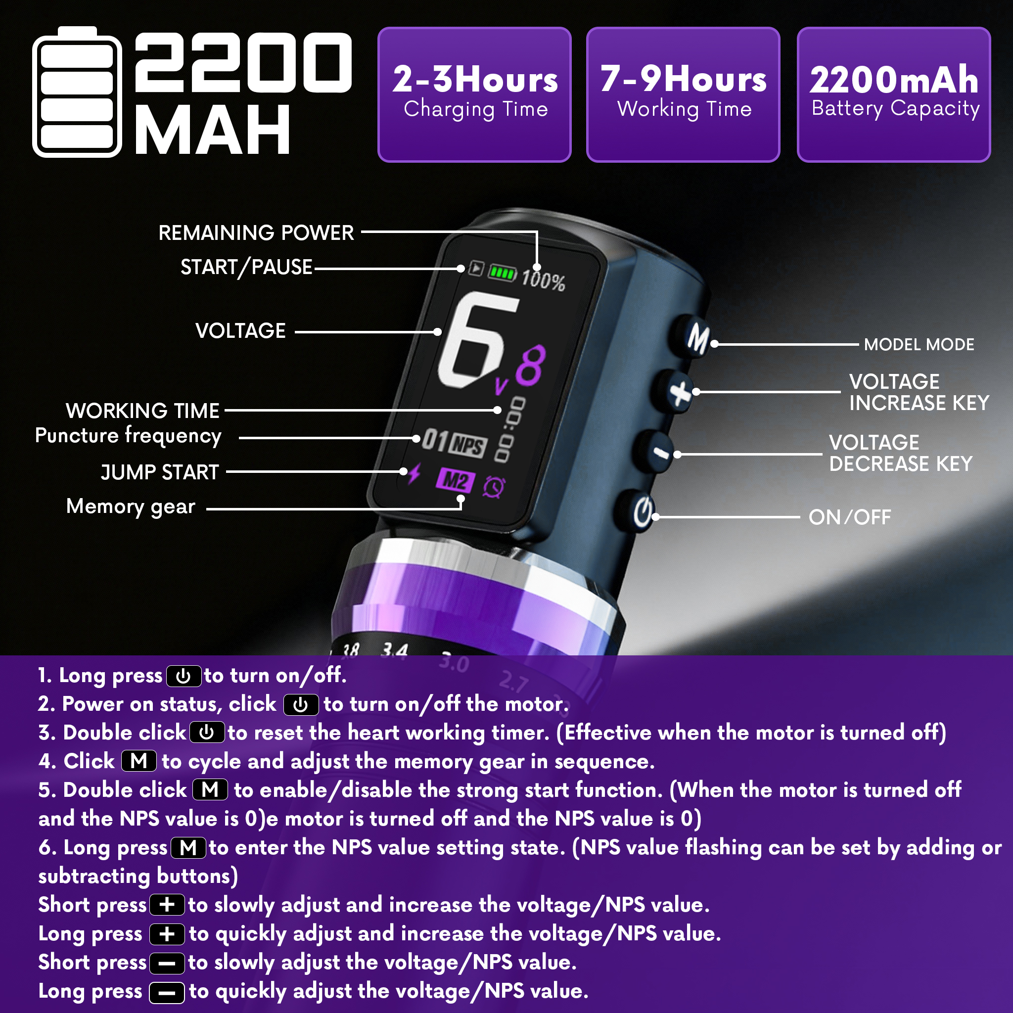 DM Adjustable Stroke Wireless Tattoo Pen Machine