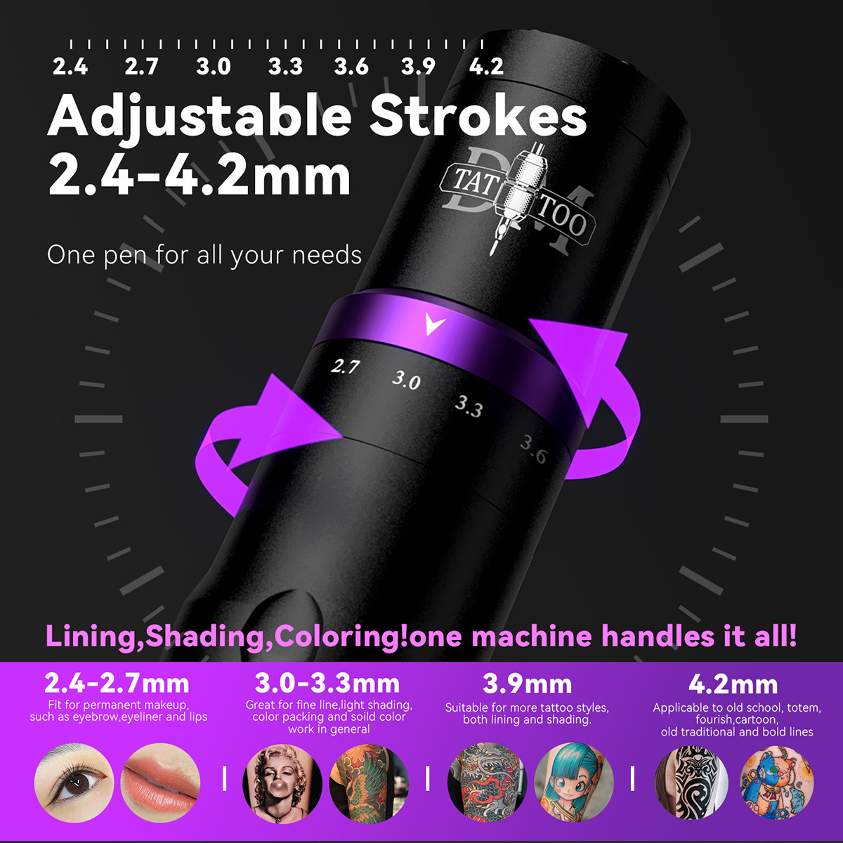 DM Gorilla Adjustable Stroke Tattoo Machine Pen