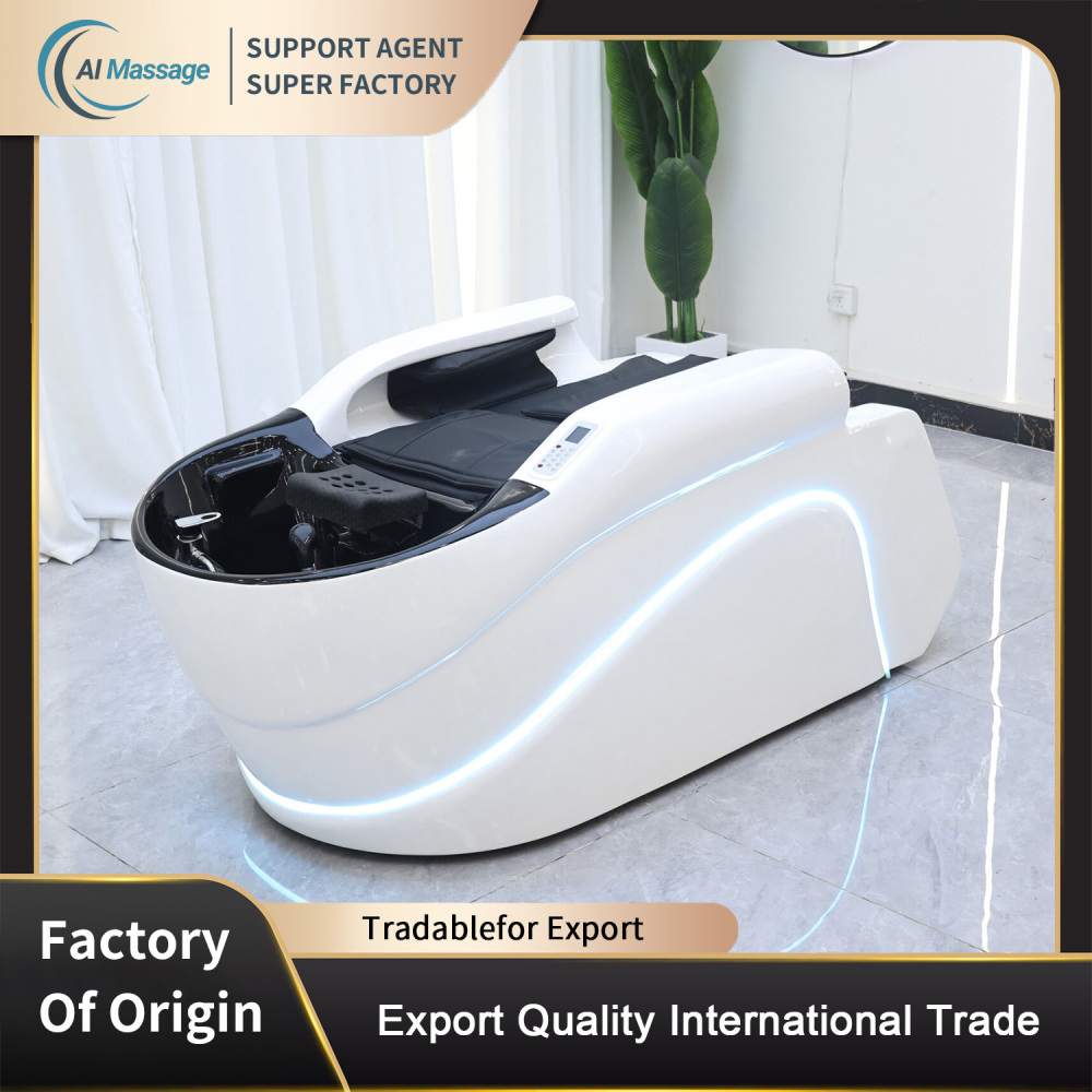 This stylish and elegant smart electric massage shampoo bed is a salon furniture piece for beauty centers and spas, featuring ambient lighting and a water circulation steam function.