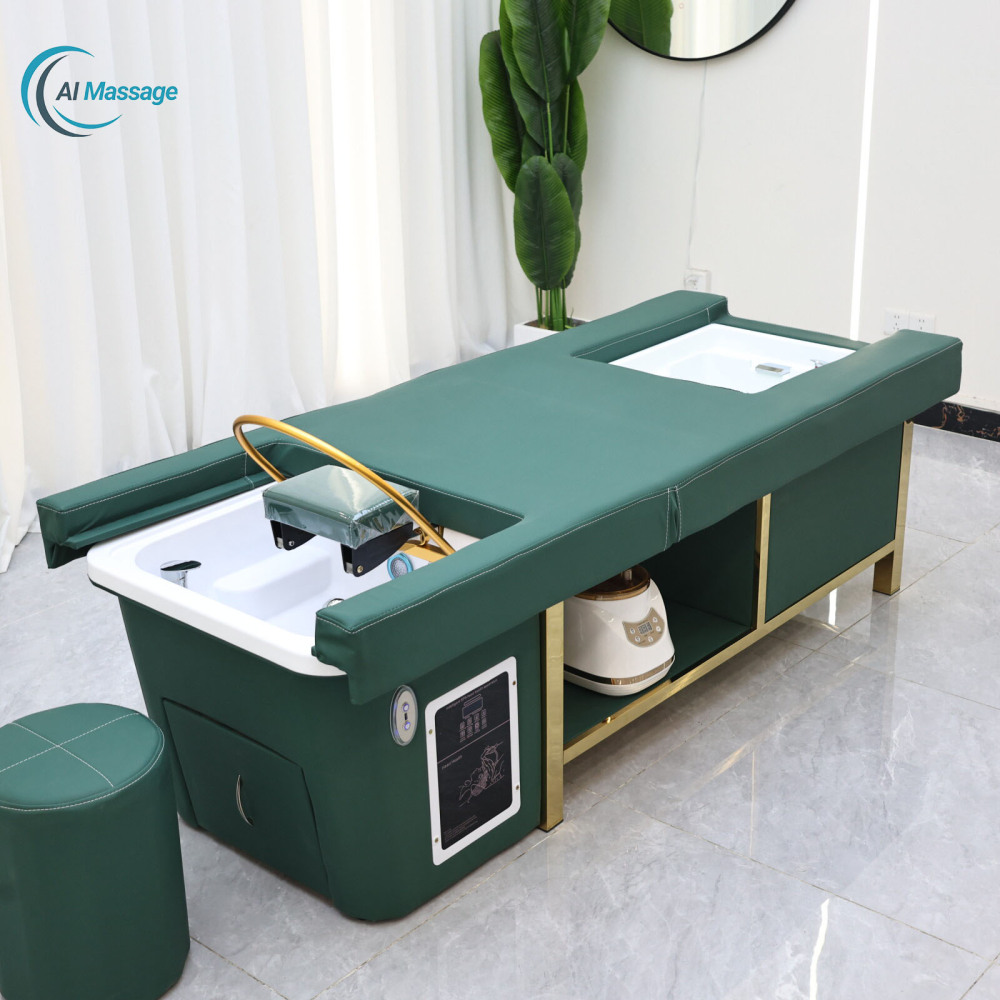 High-end luxury salon equipment, including a height-adjustable Thai shampoo bed with foot bath, steam, and water circulation functions. Beauty salon head massage bed, salon center.