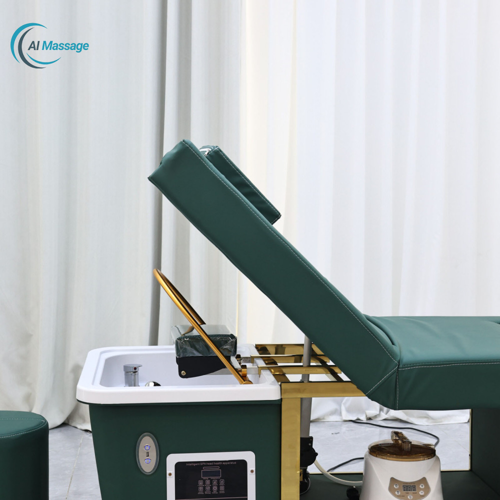High-end luxury salon equipment, including a height-adjustable Thai shampoo bed with foot bath, steam, and water circulation functions. Beauty salon head massage bed, salon center.