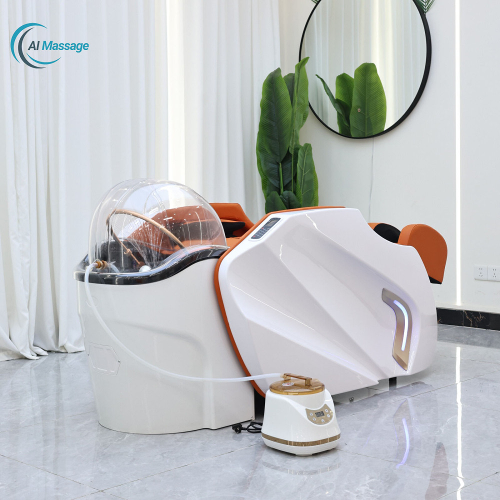 Fully automatic intelligent electric massage shampoo bed with water circulation head therapy shampooing and rinsing function.