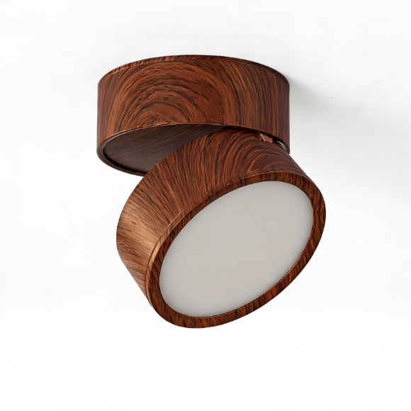 Walnut Wood Grain Surface Mounted Downlight, No-Drill Adjustable Angle Ceiling Light