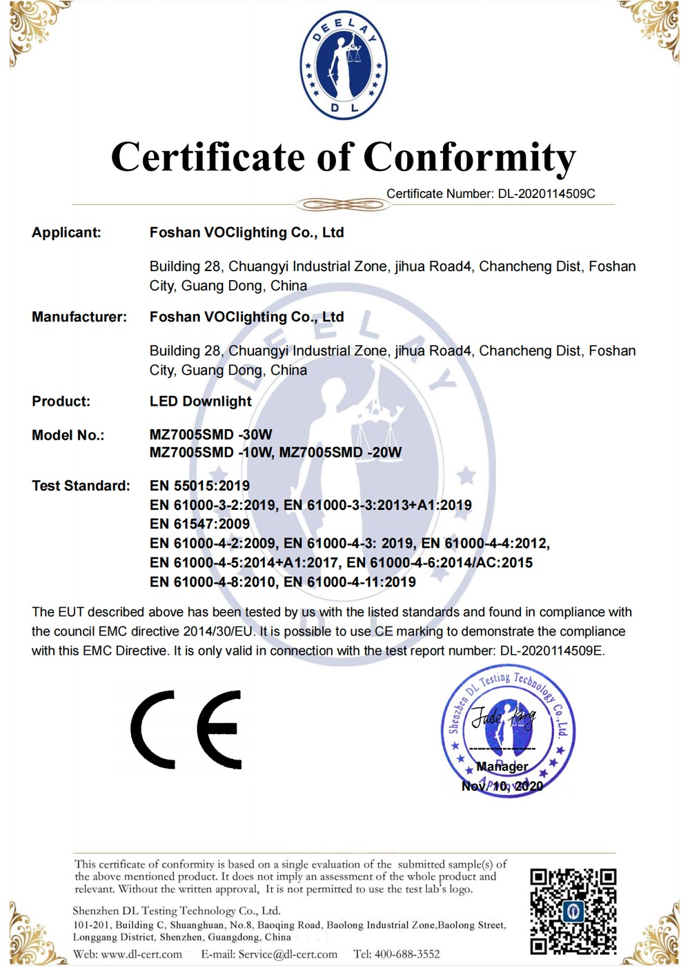 CE EMC certificate for selected VOC Lighting LED downlight models