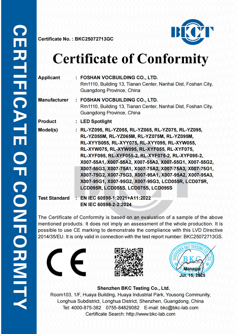 CE certificate for selected VOC Lighting LED spotlight models