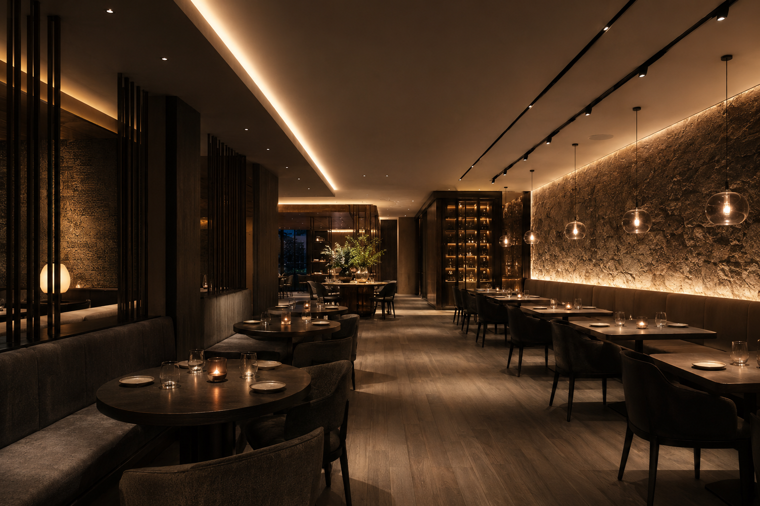 fine dining restaurant lighting solution with layered architectural lighting