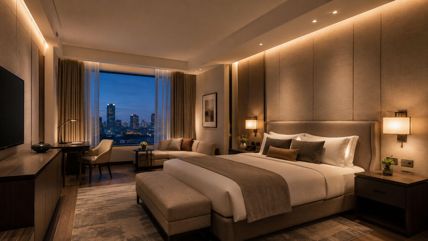 hotel guest room lighting with warm ambient and anti-glare illumination