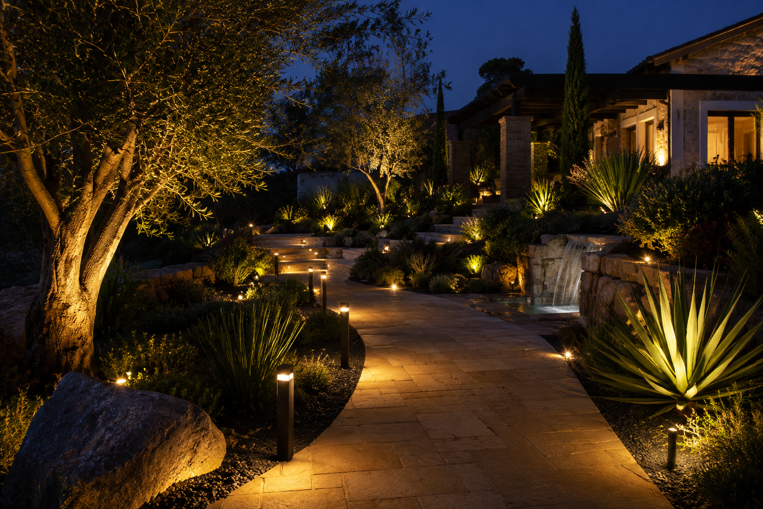 landscape garden lighting with bollards spike lights and pathway illumination