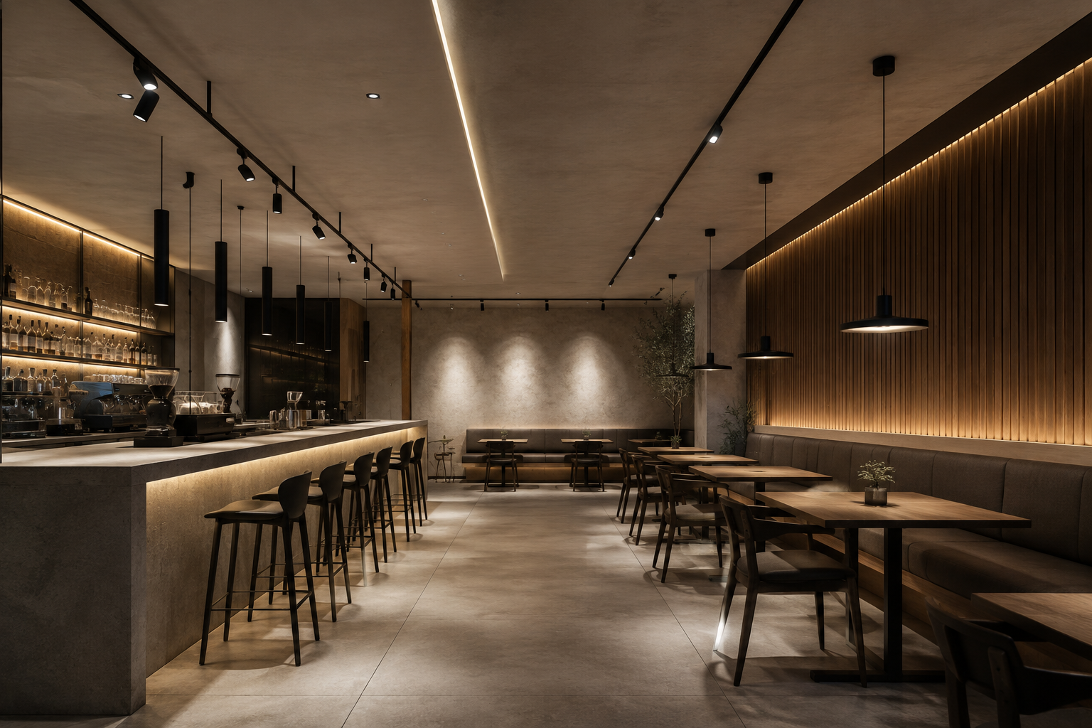 modern cafe and bar lighting with track pendant and linear lighting