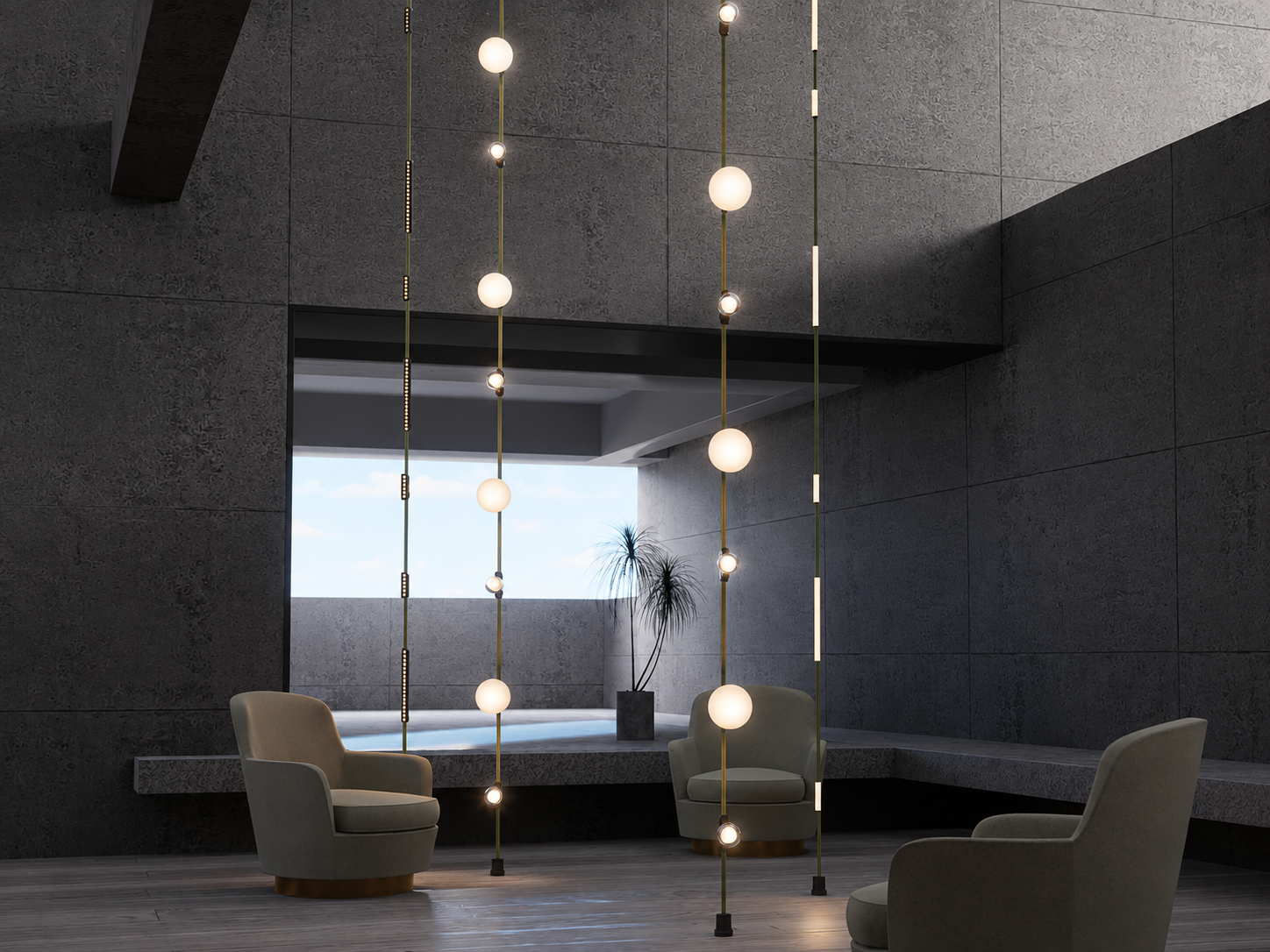 modular decorative track lighting with suspended globe and linear light modules