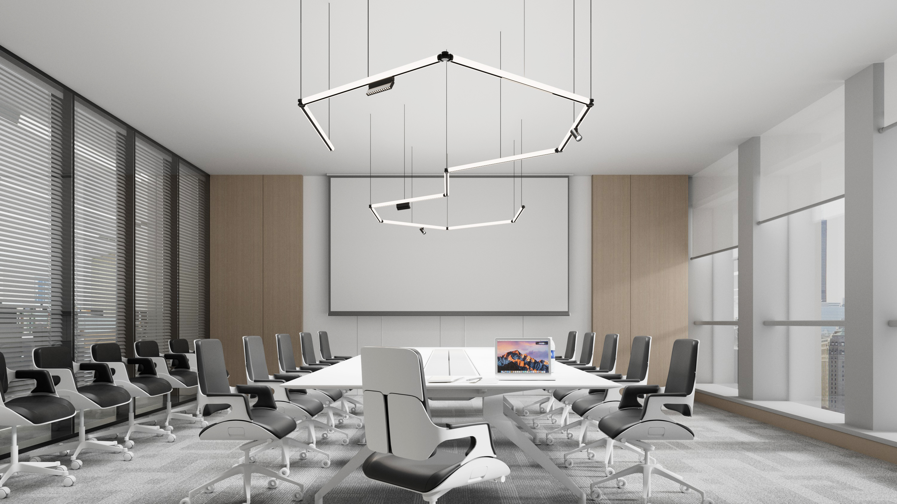 office meeting room lighting with suspended linear lights