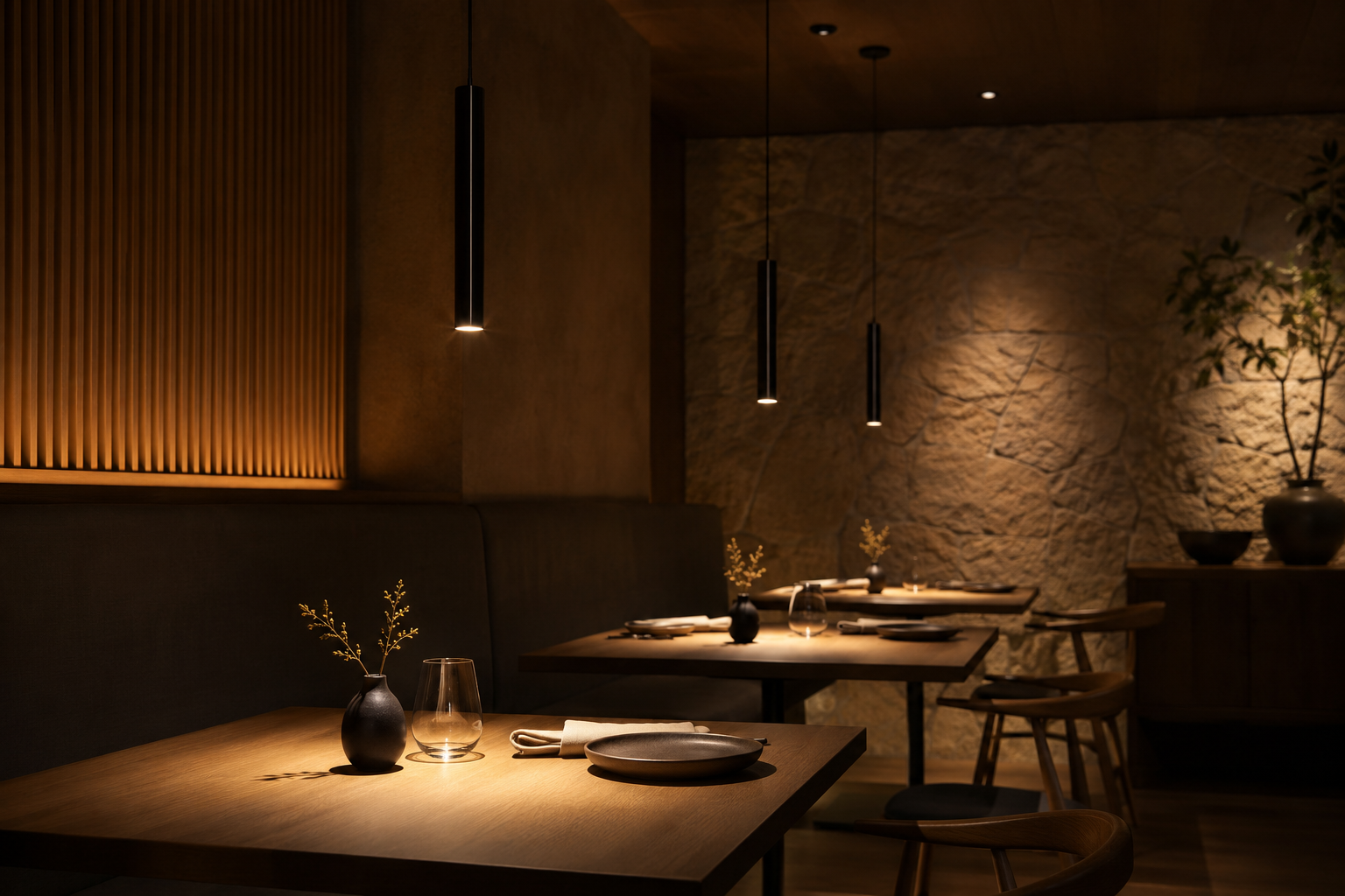 restaurant table accent lighting with focused low-glare pendant lights