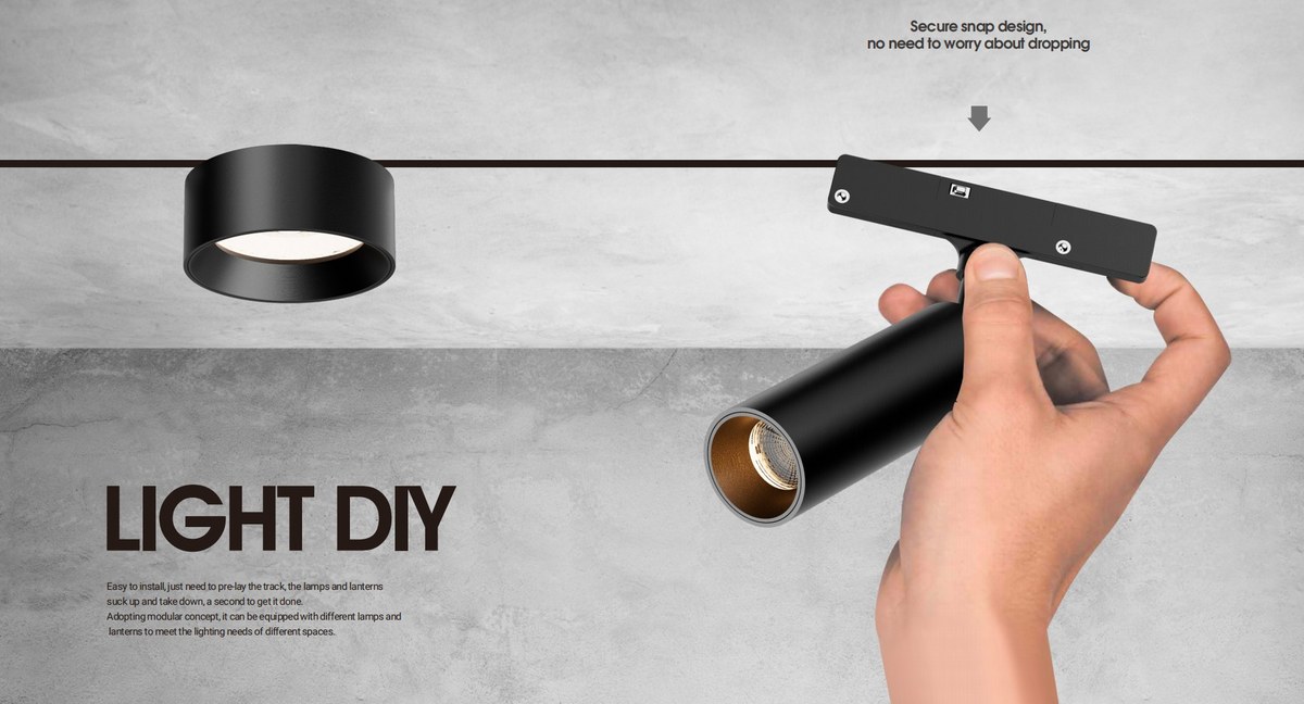 Easy DIY installation of VOC 5mm magnetic track lighting - secure snap design, lamps attach to the pre-laid track in seconds