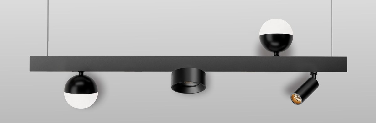 VOC 5mm magnetic track lighting system with spotlight, grille, globe and adjustable heads on black track