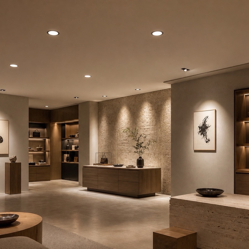 Recessed ceiling downlights and accent lighting in a warm-toned showroom