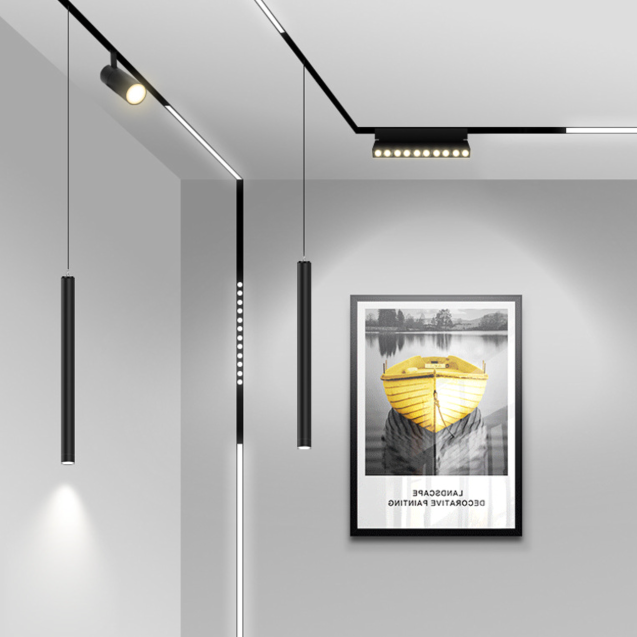 Black magnetic track with spot, grille, linear and slim pendant modules in an interior display