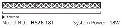 HS26-18T grille module drawing: 328 mm overall length, 18W system power