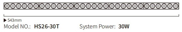 HS26-30T grille module drawing: 543 mm overall length, 30W system power