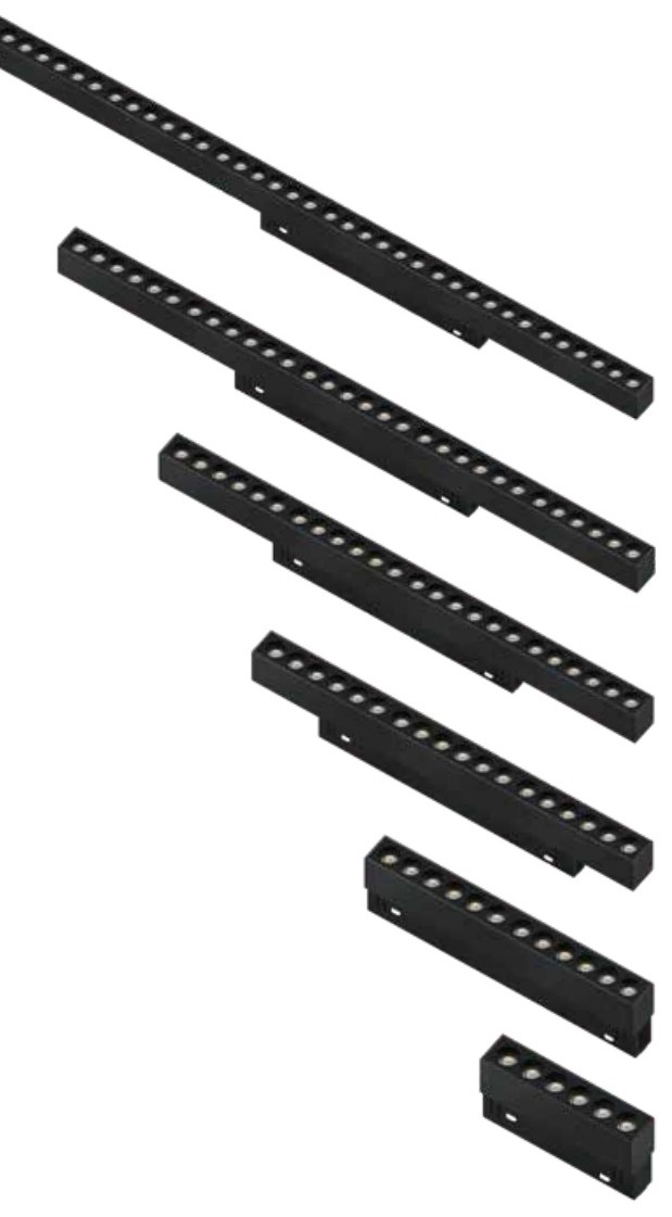 HS26 magnetic grille light modules in black, six lengths from 112 mm to 1080 mm shown in perspective