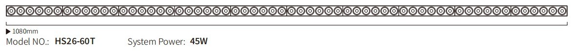 HS26-60T grille module drawing: 1080 mm overall length, 45W system power