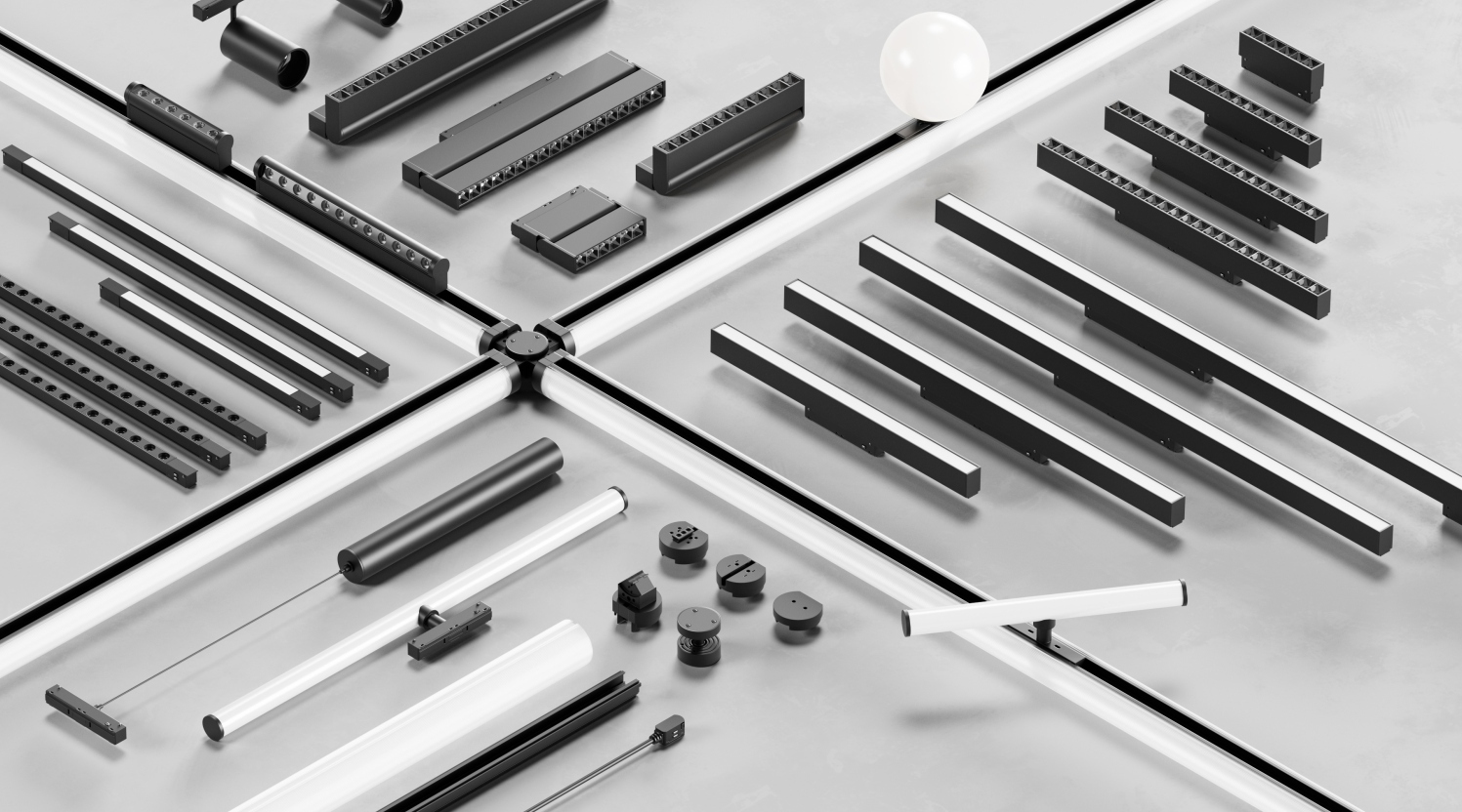 TB15 catalogue overview showing linear modules, grille lights, spotlights, decorative elements and circular connectors