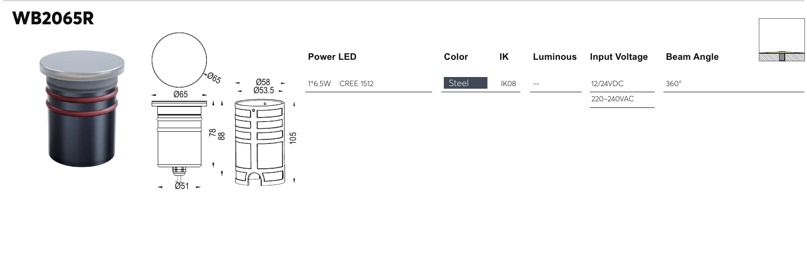 WB2065R original specification row and dimension drawing