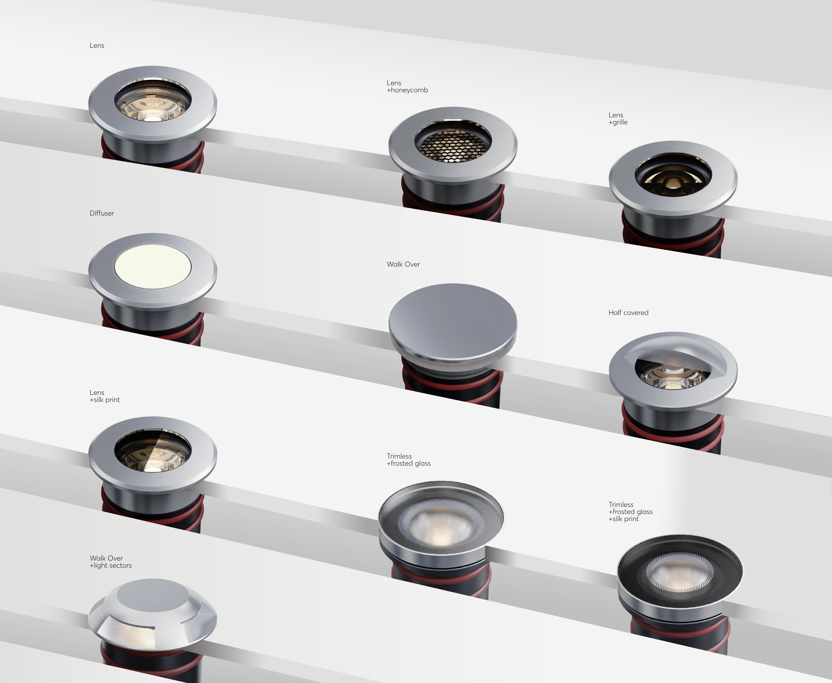Original catalogue cover and optical variations including lens, honeycomb, grille, diffuser and walk-over sectors