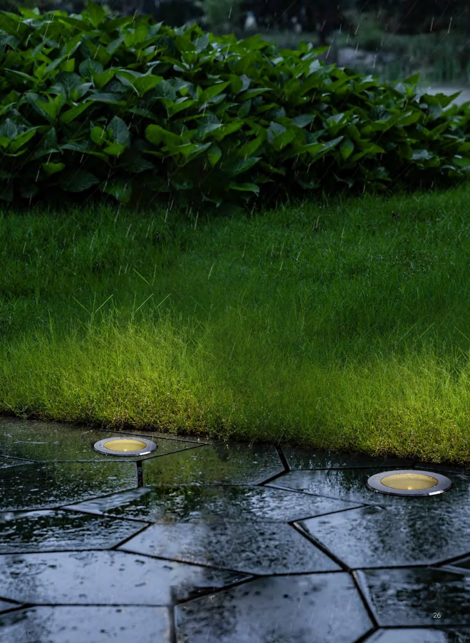Original catalogue scene of recessed inground lighting beside a garden path